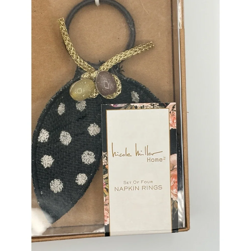 Nicole Miller Easter Rabbit Ears Black Polka Dot egg Napkin Rings Set of 4